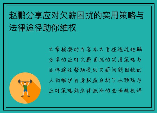 赵鹏分享应对欠薪困扰的实用策略与法律途径助你维权